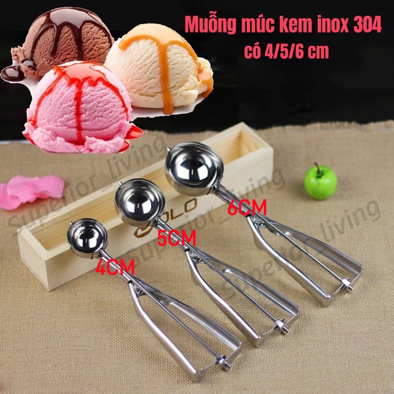 Muỗng múc kem bằng Inox 304,dụng cụ múc kem hình tròn,múc kem trái cây chuyên dùng,size 4/5/6cm