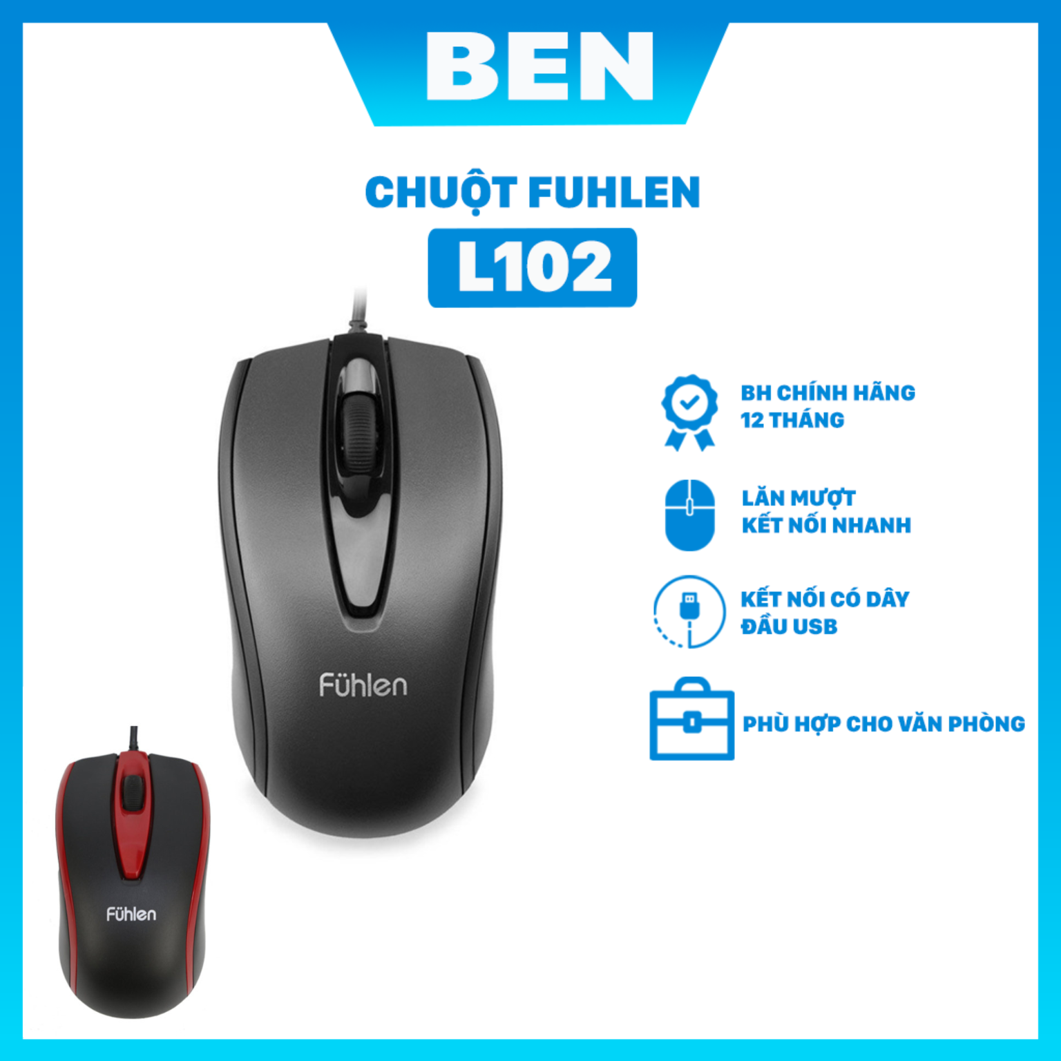 Chuột máy tính có dây Fuhlen L102 (viền đỏ)  Chính hãng có tem chống giả BH 24T - Ben Computer Store