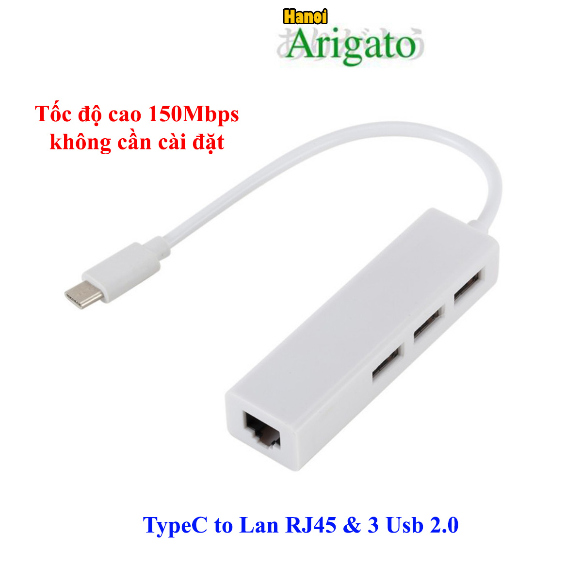 Cáp chuyển usb type-c ra lan rj45 + 3 cổng usb 2.0, truyền tín hiệu tốc độ cao, sắc nét, không cần cài đặt