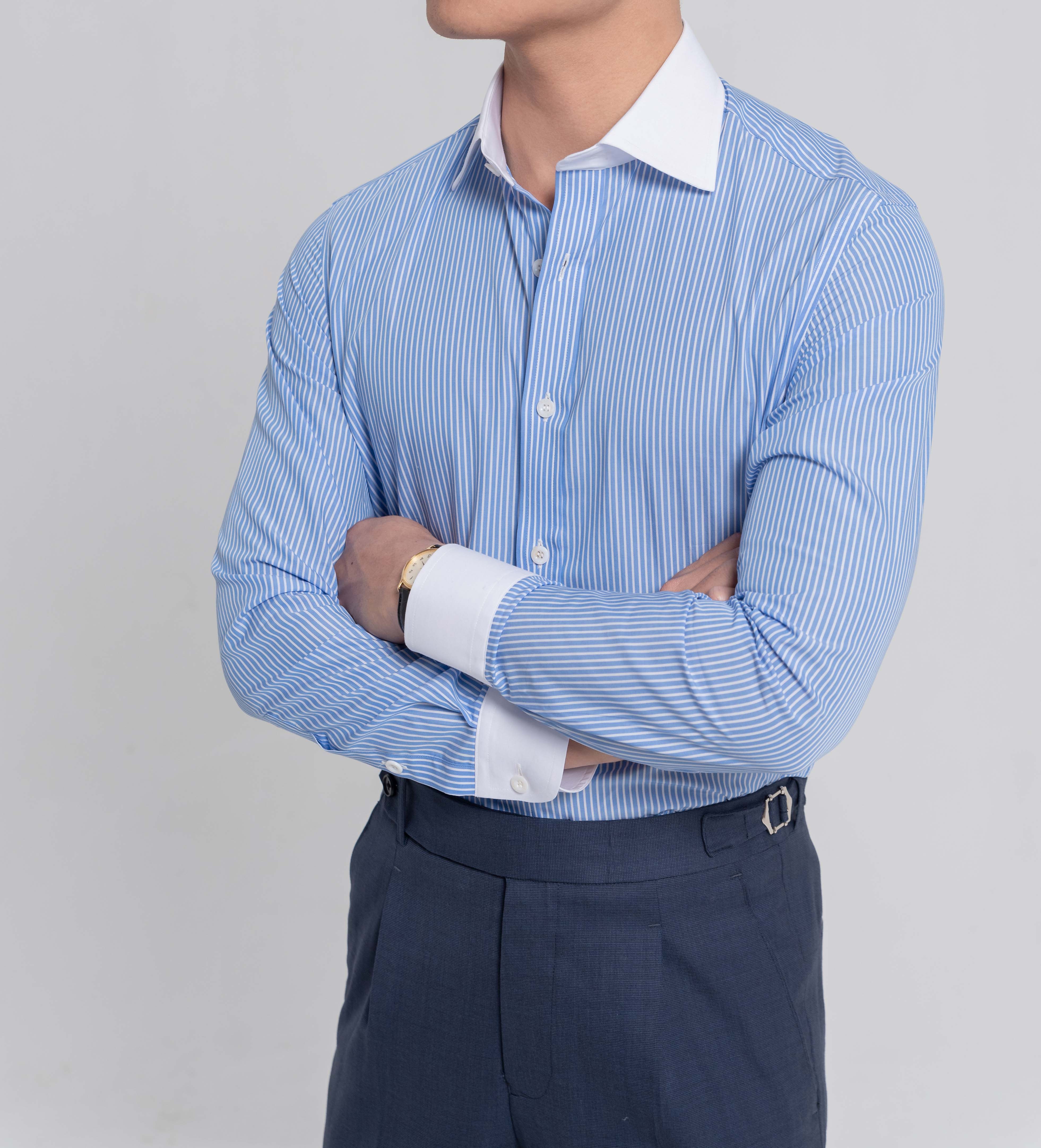 Áo Sơ Mi Kẻ Sọc Xanh Cổ Trắng KILEE ASM026 - 100% Cotton cao cấp thoáng mát, thấm hút mồ hôi, màu sắc mới lạ, trang nhã - Tặng hộp đựng chính hãng, sơmi công sở, sơmi kẻ sọc, sơmi phối cổ trắng, sơmi cao cấp - KILEE