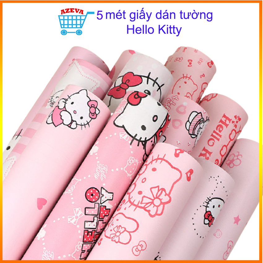 Giấy dán tường Hello Kitty cuộn 5m x 0.45m, giấy dán tường phòng ngủ hello kitty cuộn 5m khổ 45cm, giấy dán tường phòng ngủ hello kitty, decal dán tường hello kitty - AZEVASHOP