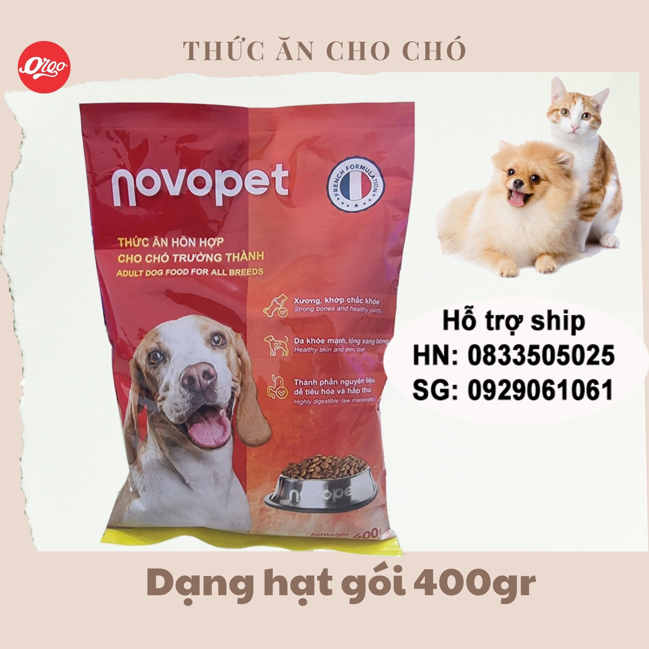 Gói 400gr - Thức ăn cho chó Novopet -Orgo dạng hạt dành cho chó trưởng thành trên 10kg