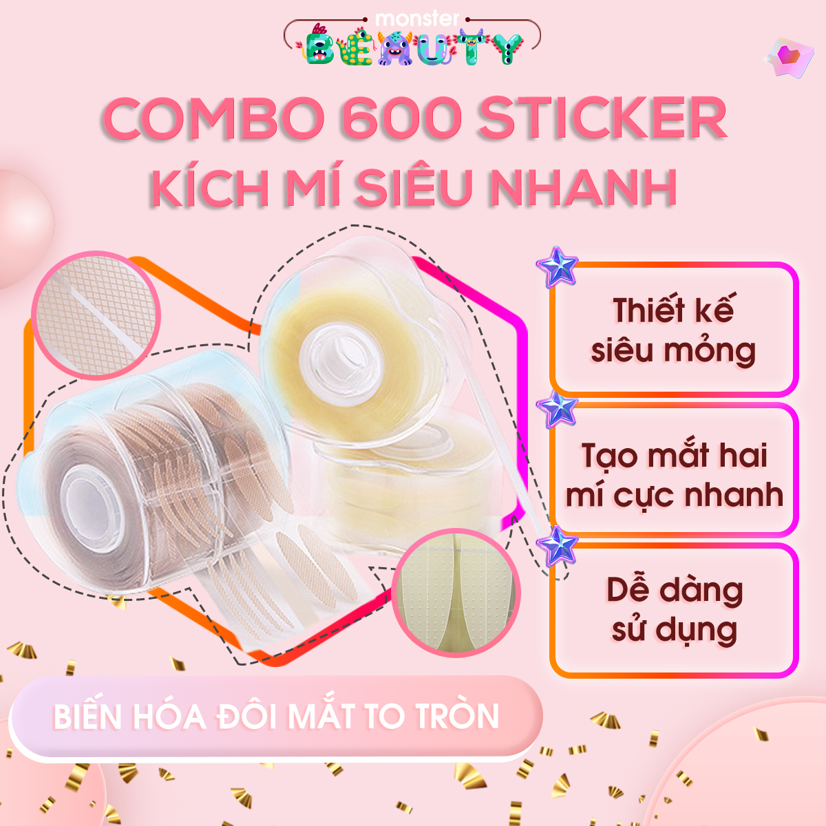 ⭐ Combo 600 miếng kích mí Magic Lady - Miếng dán mí có keo sẵn, miếng dán mí trong suốt - monster BEAUTY