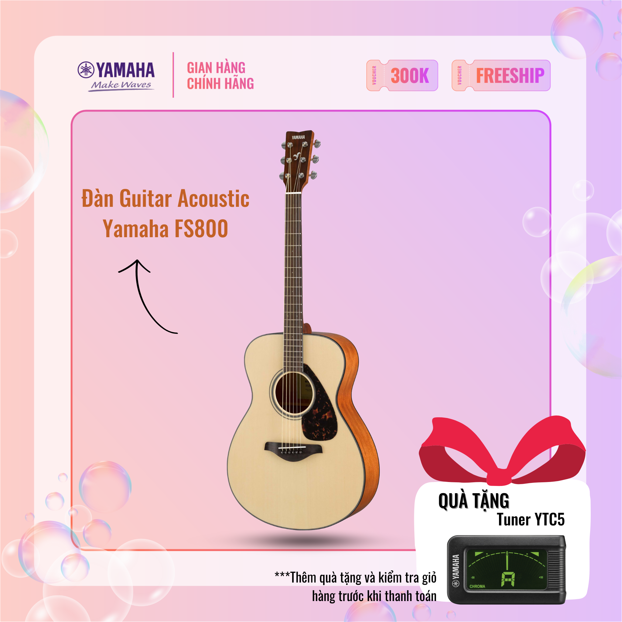Đàn Guitar Acoustic YAMAHA FS800 - Thiết kế thân đàn nhỏ, mỏng, phù hợp cho người mới bắt đầu chơi đàn, bảo hành chính hãng 12 tháng
