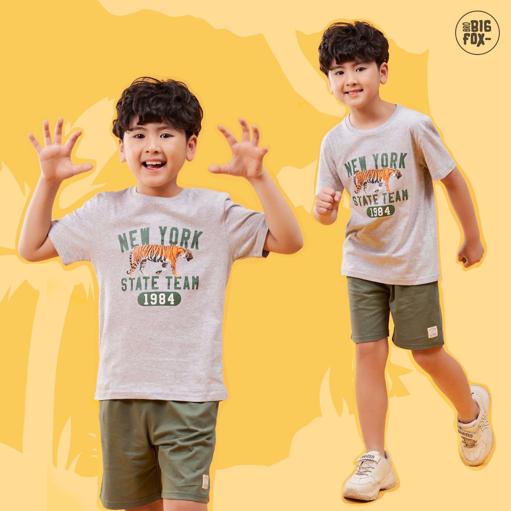 Bộ bé trai size đại đồ bộ cộc tay cho bé chất cotton phong cách Âu Mỹ hình in Hổ Newyork 1984 10 – 38kg QATE