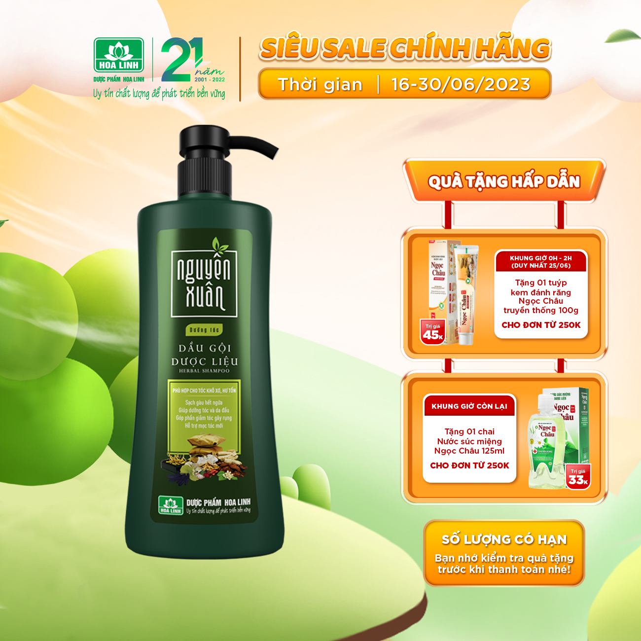 MỚI Dầu gội dược liệu Nguyên Xuân xanh dưỡng tóc 600ml Tặng thêm 10 thể tích giá không đổi