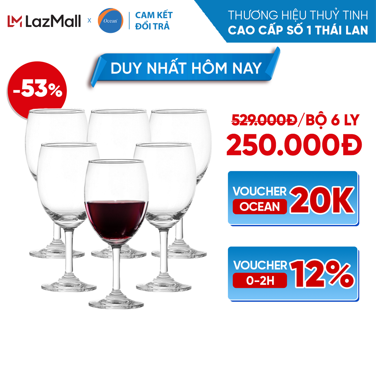 Bộ 6 ly/cốc rượu vang đỏ thủy tinh - ocean classic red wine 230ml - chính hãng