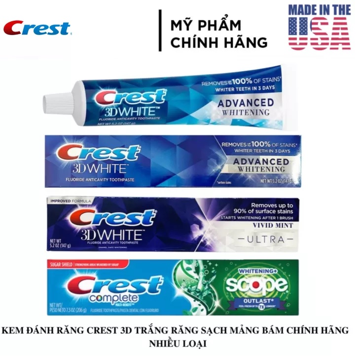 [USA] Kem đánh răng Crest 3D White Advanced Triple Whitening 158g Ultra Vivid Mint 147g trắng sáng Scope 232g NK Mỹ