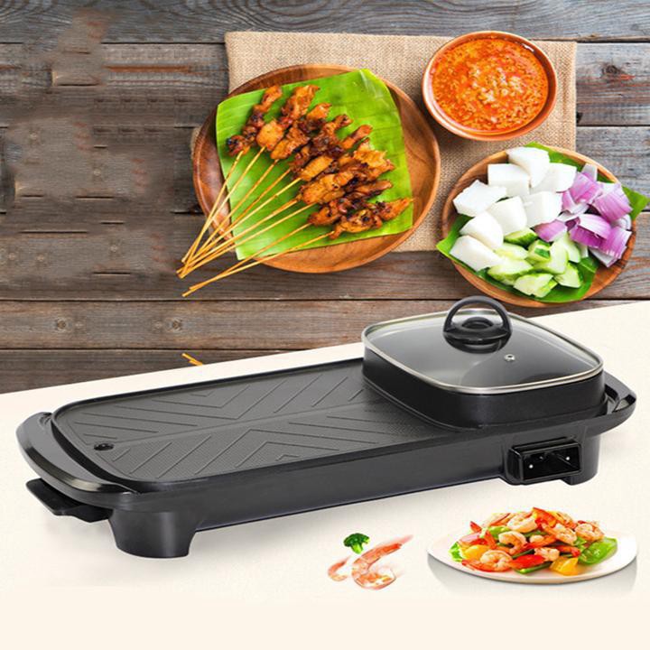 Bếp lẩu nướng 2 trong 1 Nồi lẩu nướng điện đa năng, Bếp lẩu nướng điện BBQ 2 trong 1 không khói vừa nấu lẩu vừa nướng thực phẩm công suất 1500W