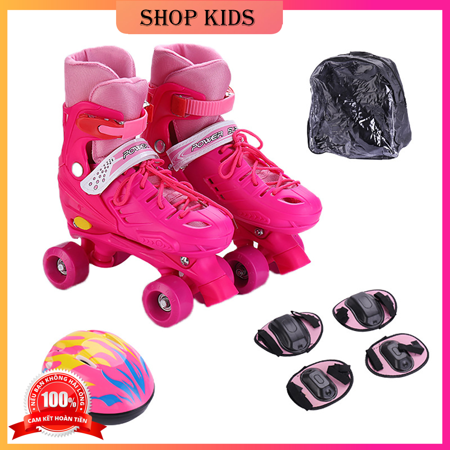 Giày patin 4 Bánh, 2 hàng trẻ em tặng kèm bảo hộ chân tay, vừa với bé trai và gái từ 3-14 tuổi, có 3 màu Đỏ, Hồng, Xanh Đồ chơi tăng cường thể chất cho bé