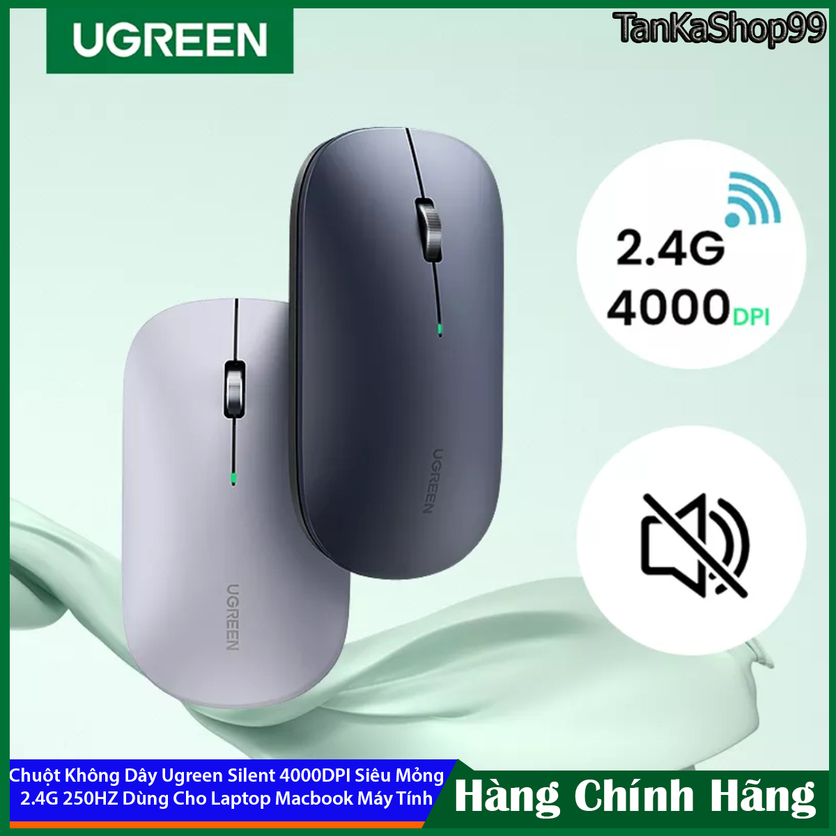 Chuột không dây ugreen silent buttons 4000 dpi cho macbook laptop pc 2.4g 250hz siêu mỏng