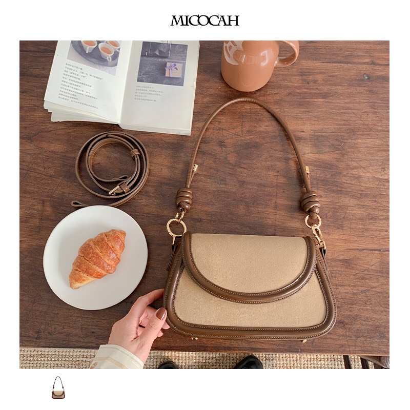 Túi đeo vai, Túi xách Micocah, Túi Micocah da lộn màu nâu Chocolate trẻ trung cá tính kiểu dáng mới lạ kèm dây đeo chéo thay đổi phong cách MSP: 502