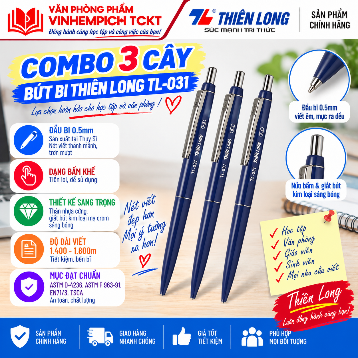 Combo 3 cây bút bi thiên long tl-031