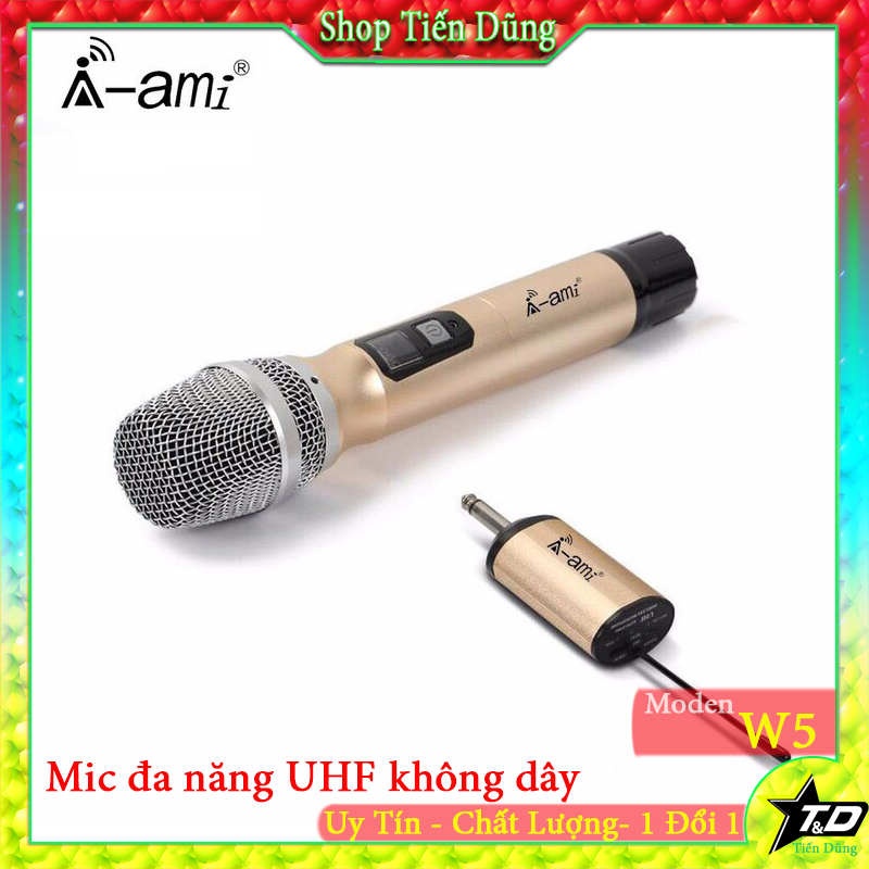Mic không dây ami-w5 loại vỏ sắt có đèn hiển thị - dòng mic đa năng w5 phù hợp cho âm li và các loa có hỗ trợ mic