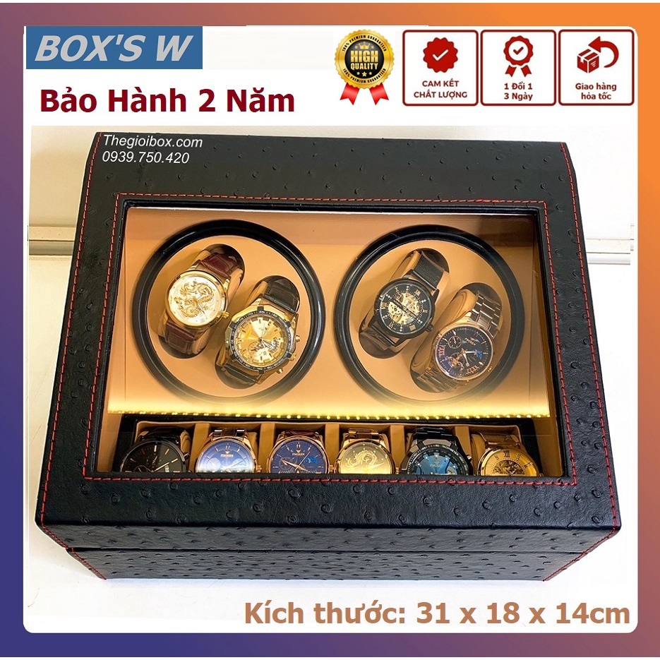 Hộp tủ đồng hồ cơ 4 xoay + 6 cố định vỏ vân da đà điểu giúp lên dây cót cho đồng hồ cơ tự quay