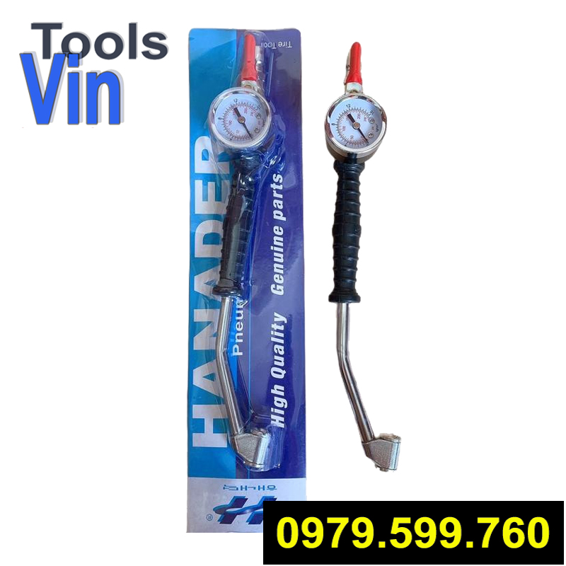 Tay bơm lốp cong, 2 đầu, có đồng hồ