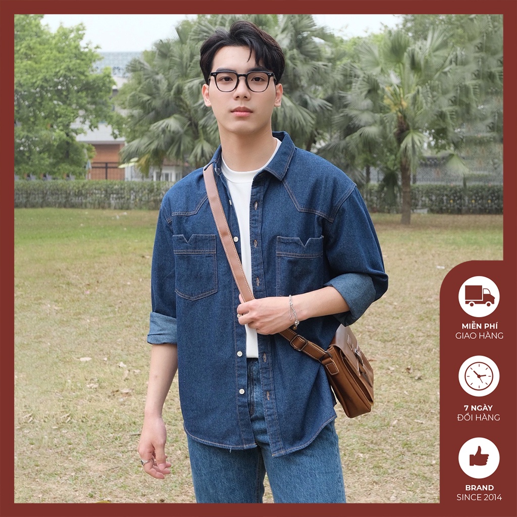 Áo sơ mi nam denim jeans cổ bẻ đẹp cao cấp form suông rộng Độc menswaer phong cách trẻ trung, mạnh mẽ