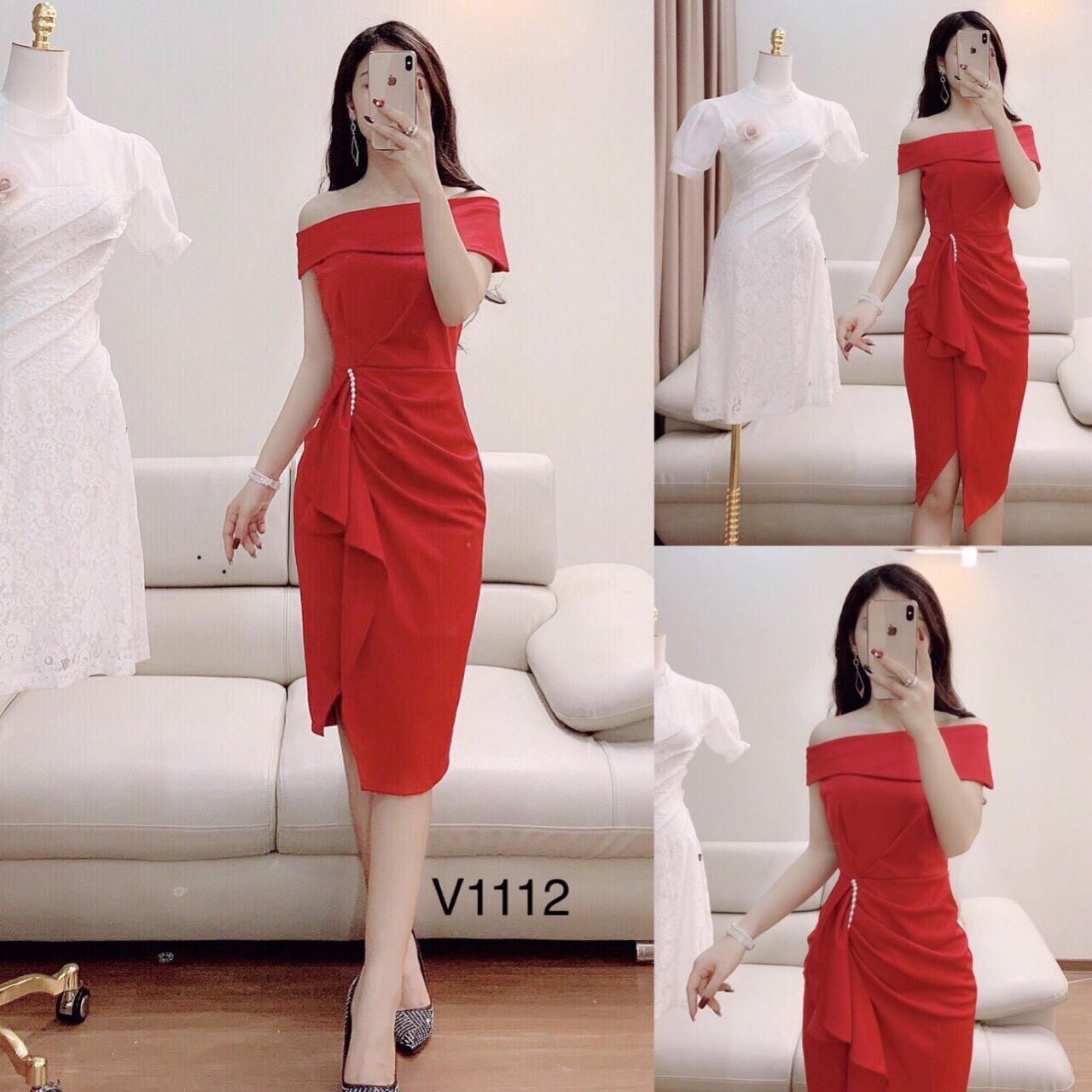 Đầm body bẹt vai xếp ly tà đính ngọc chất umi đỏ xanh freesize kèm hình thật