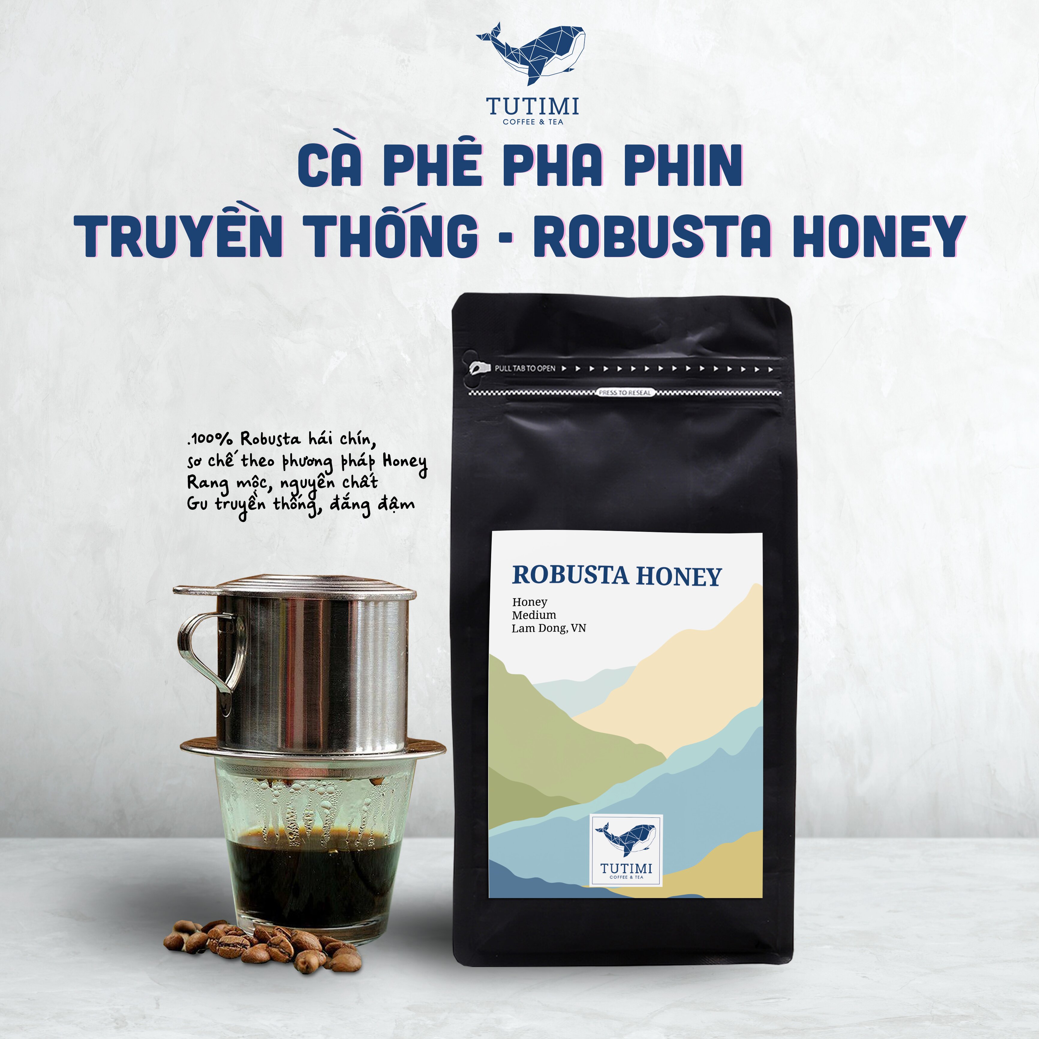 Cà phê nguyên chất Robusta Honey rang mộc vị đắng đầm hậu ngọt thơm nồng, cà phê pha phin, pha máy - TuTiMi