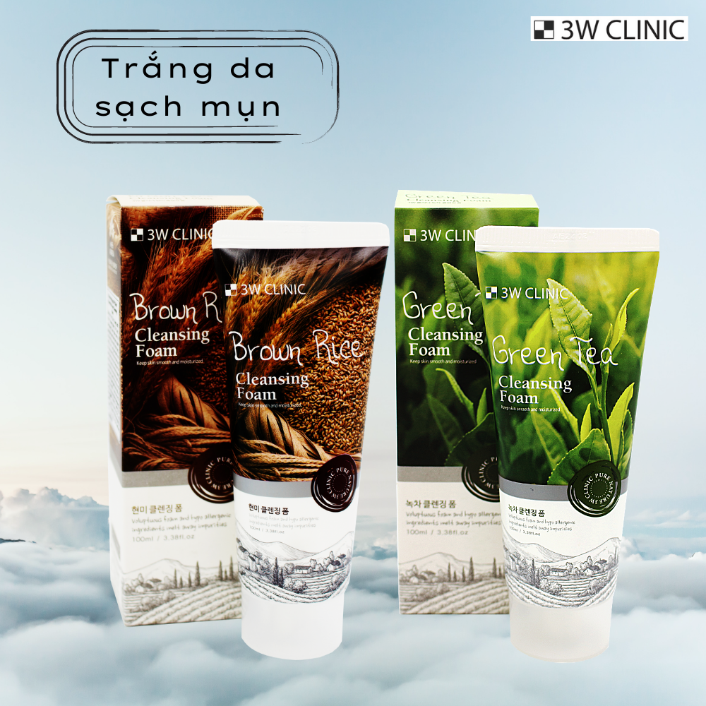 Combo Sữa Rửa Mặt Chiết Xuất Từ Gạo 3W Clinic Brown Rice và Sữa Rửa Mặt Chiết xuất từ Trà Xanh 3w Clinic Green Tea Foam Cleansing 100ml