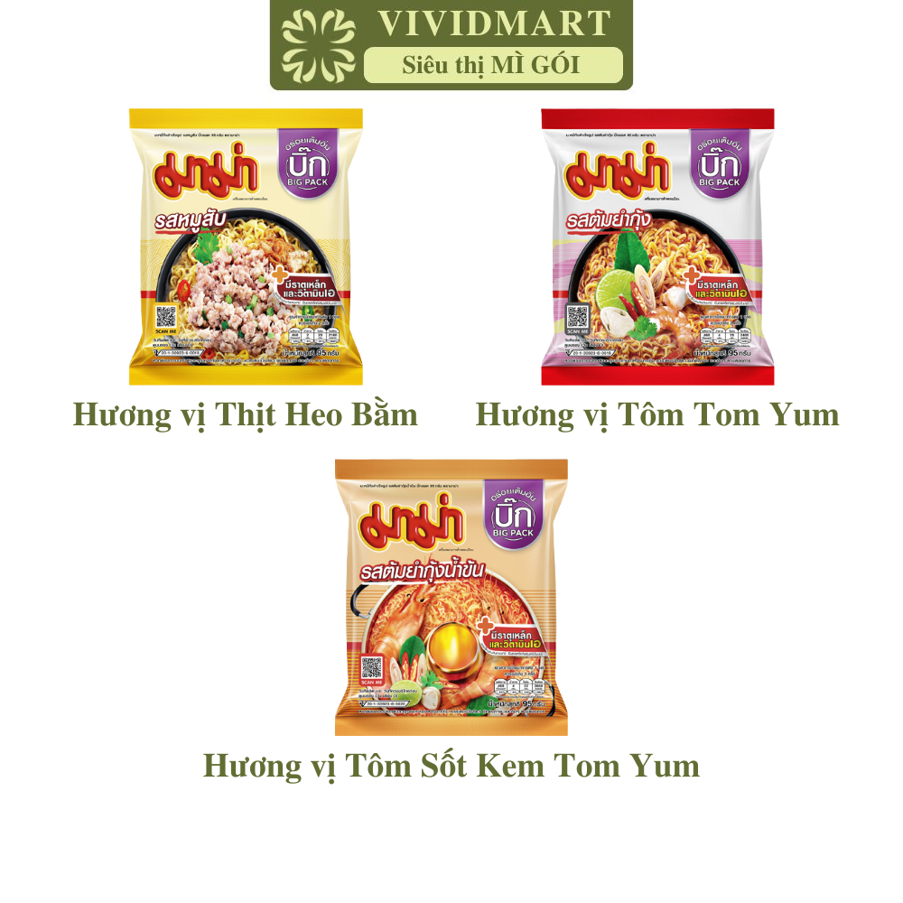  GÓI LẺ  - MAMA - Mì MaMa gói lớn 3 vị: Thịt heo bằm Tôm TomYum Tôm Sốt kem TomYum Mì Thái Lan ăn liền Mì gói lớn Mama  95g gói  