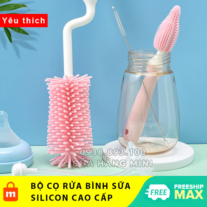 【FREESHIP】 Bộ Cọ Rửa Bình Sữa Silicon 3 In 1 Cao Cấp 3 Chi Tiết (Cọ Bình, Cọ Núm Ti, Cọ Ống Hút)