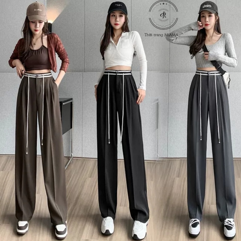 Quần ống rộng lưng cao chun sau vải ruby hàn mềm mại co giãn sang trọng cột dây thoải mái.--m02
