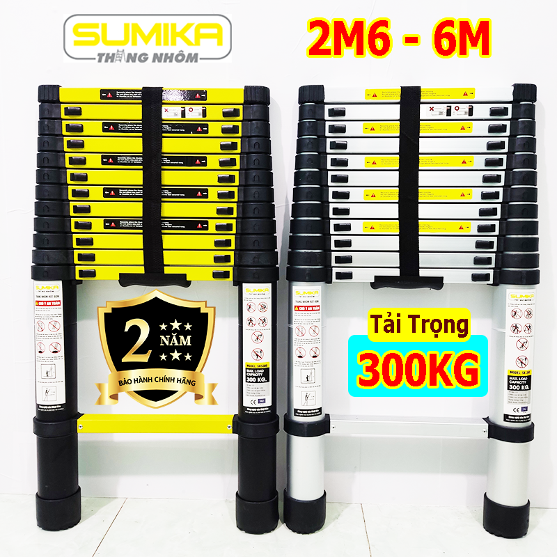Thang Nhôm rút đơn Sumika chiều cao tối đa từ 2m6 đến 6m, Tải trọng 300kg, Bảo hành 2 năm