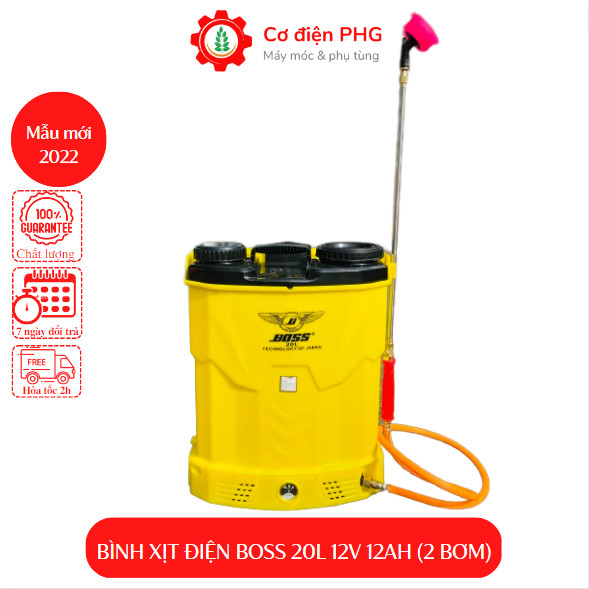 Mẫu mới 2023 Bình phun xịt điện BOSS 20 Lít đeo lưng chế độ 2 bơm áp mạnh, motor chạy êm dùng phun khử khuẩn, trừ sâu và tưới nước Bảo hành 6 tháng