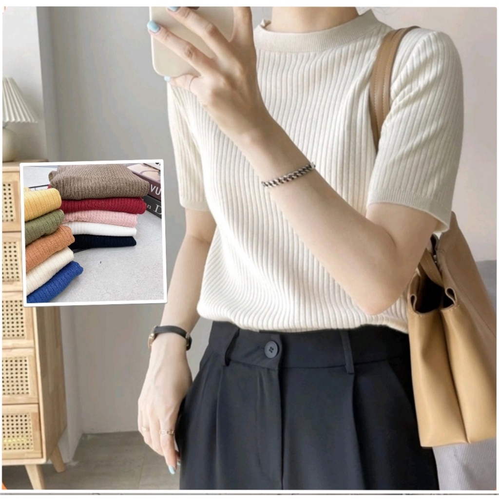 Áo len tăm nữ cổ tròn cộc tay hàng qc nhiều màu ảnh thật, kiểu dáng basic
