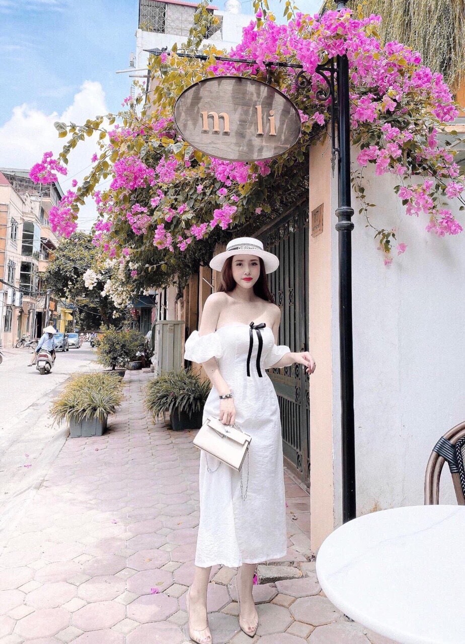 Đầm trễ vai tay bèo đính nơ cực đẹp #damtrevai