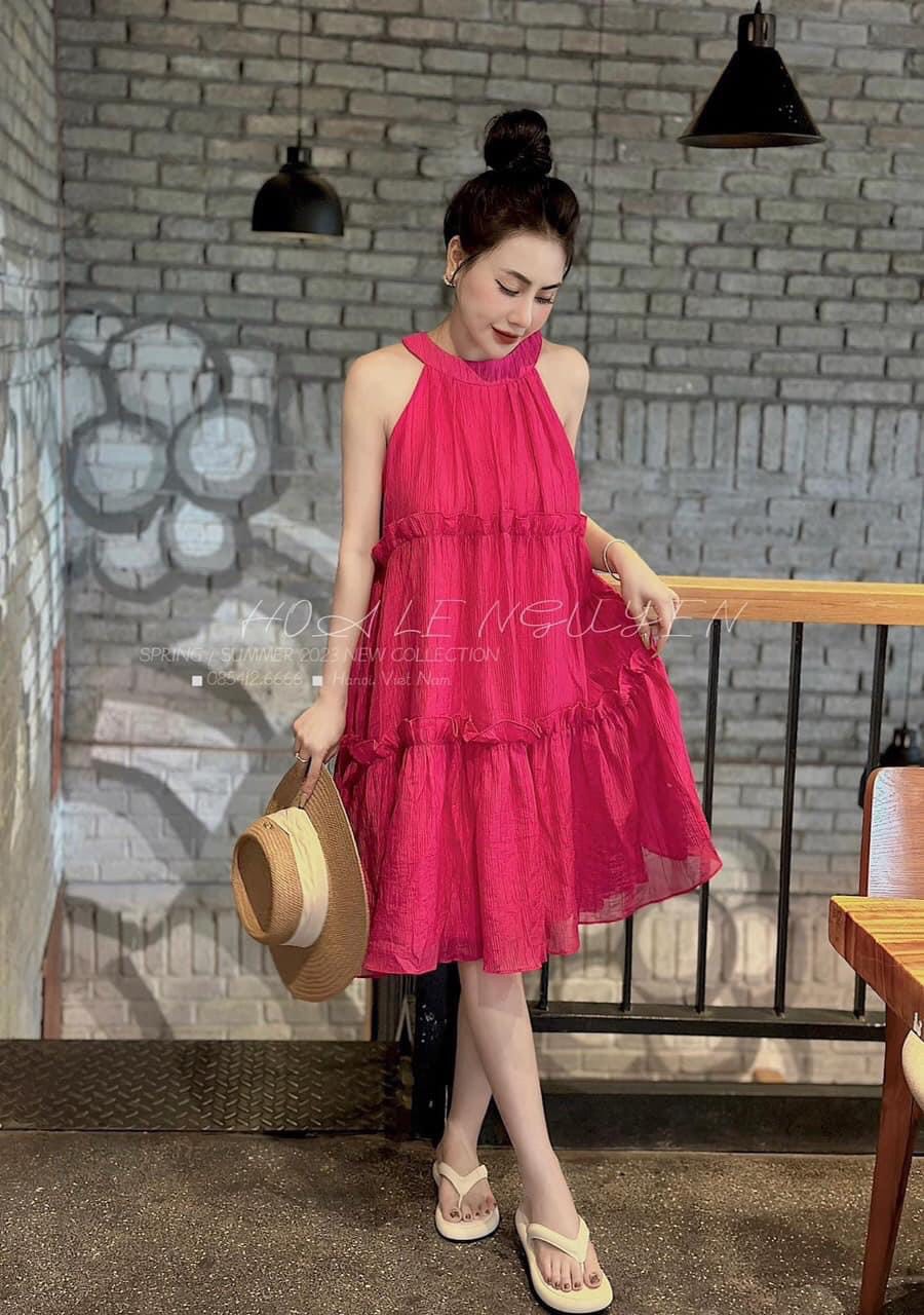 Váy suông nữ 3 tầng cổ yếmđầm nữ vải 1 lớp chất đũi nhăn tiểu thư