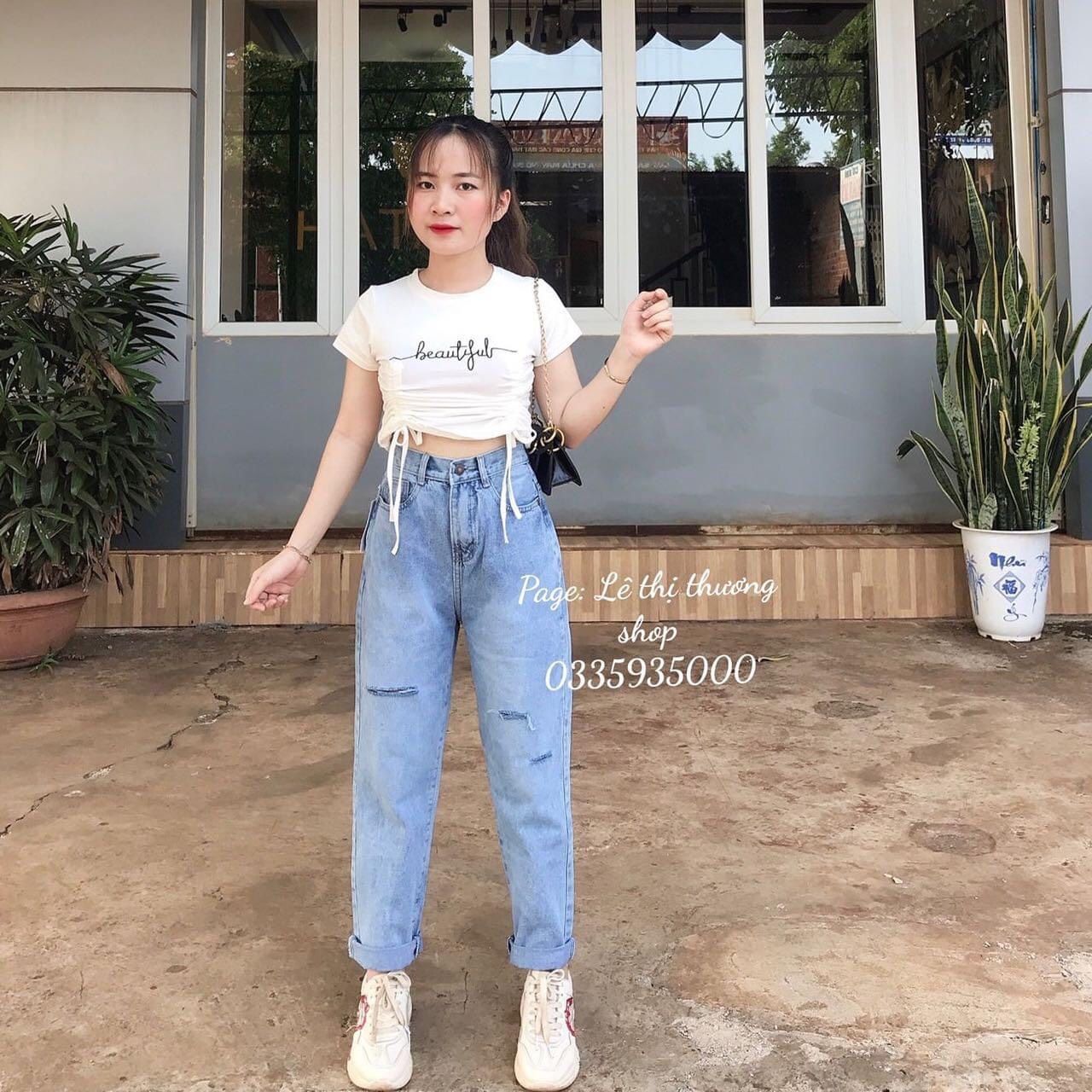 Set baggy jeans rách 3 + crop rút dây
