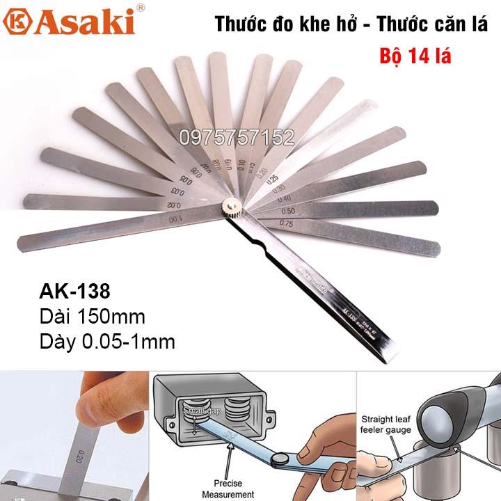 Thước căn lá - thước đo khe hở 14 lá 0.05-1.00mm asaki ak-138 100mm\