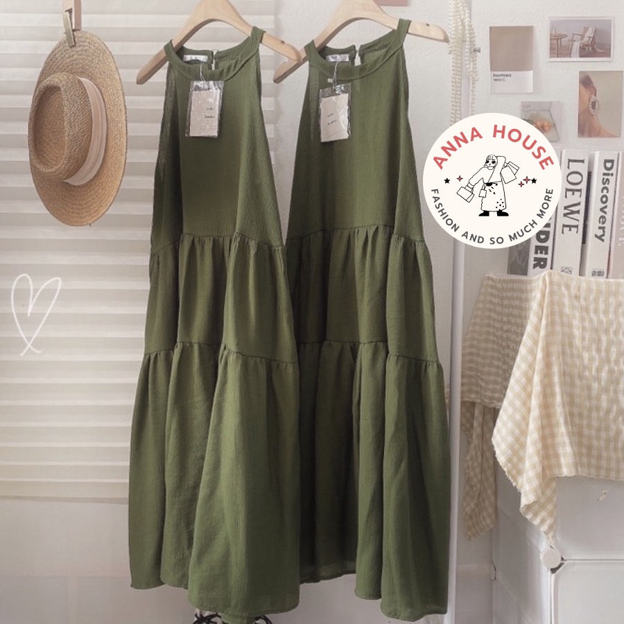 Váy maxi suông dài dáng xòe chất đũi cổ yếm ba tầng form rộng, Đầm maxi đi biển ba lỗ cổ tàu sát nách dáng suông dài