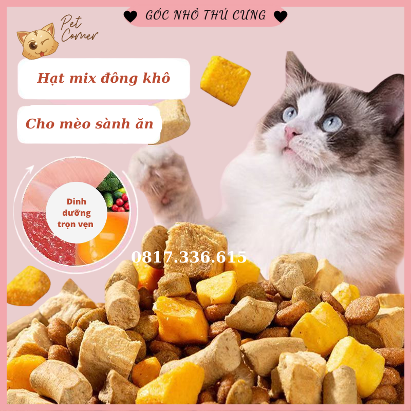 Hạt mix cao cấp cho mèo trộn thịt bò, gà, tôm, cá, lòng đỏ trứng, rau củ quả - Thức ăn hạt cho mèo kén ăn
