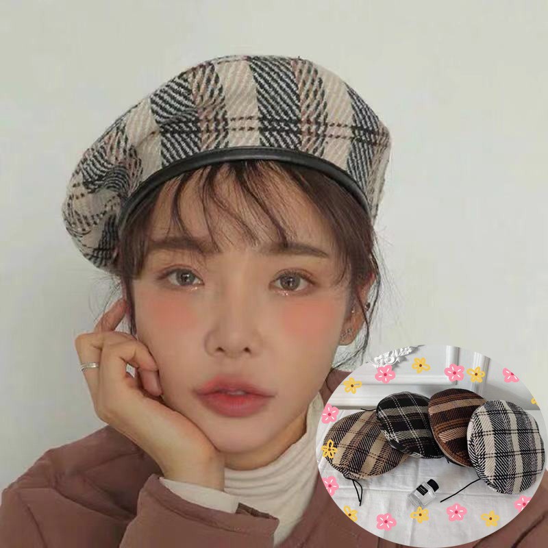 Mũ Nồi Beret NỮ TRƠN ĐƠN GIẢN HỌA TIẾT KARO 4 MÀU Chỉnh được kích thước HÀN QUỐC MN22| bluehope