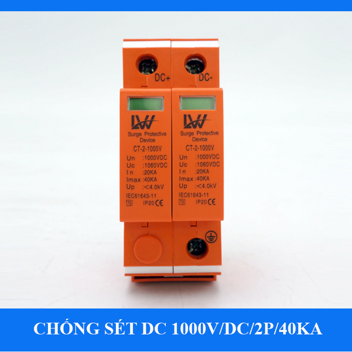Thiết bị chống sét lan truyền DC 1000V 2P/40KA LW bảo vệ chống sét năng lượng mặt trời