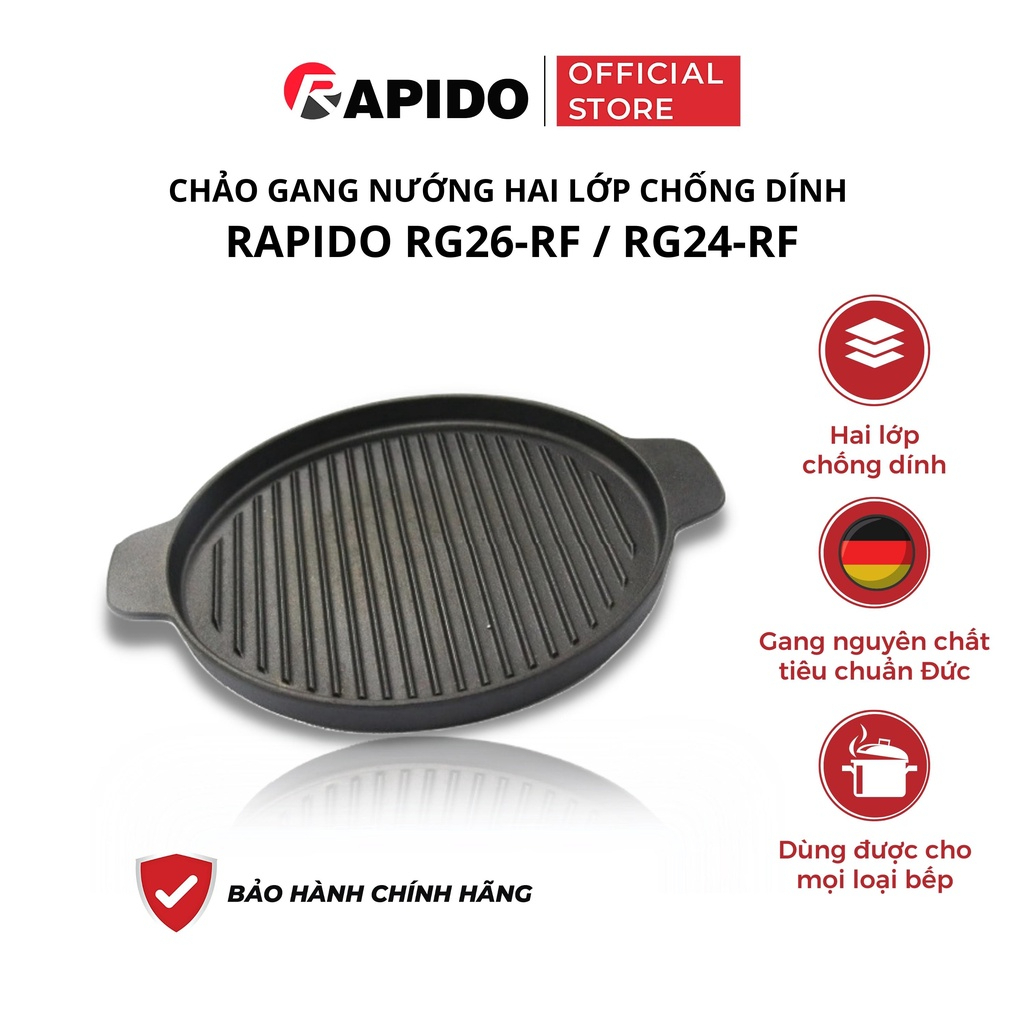 Chảo gang nướng Rapido, RG26-RF, RG24-RF dùng trên mọi loại bếp chất liệu gang đúc cao cấp chống dính