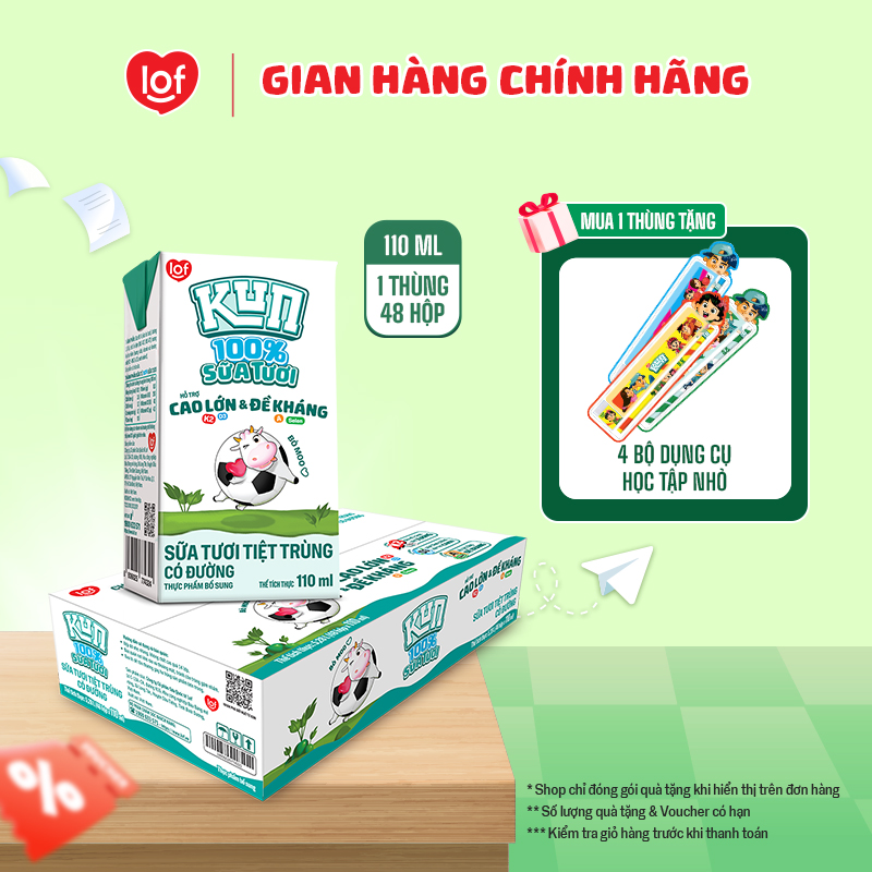 100% sữa tươi KUN có đường thùng 48 hộp x 110ml