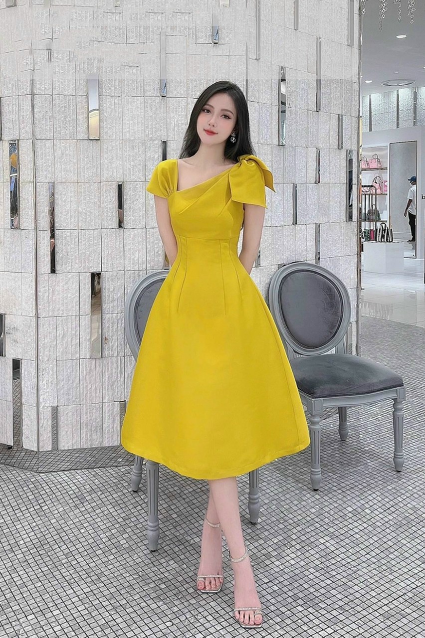 Đầm váy nữ dáng xoè cổ xeó nơ xinh xắn, dễ thương dươi 55kg TTT DXX63