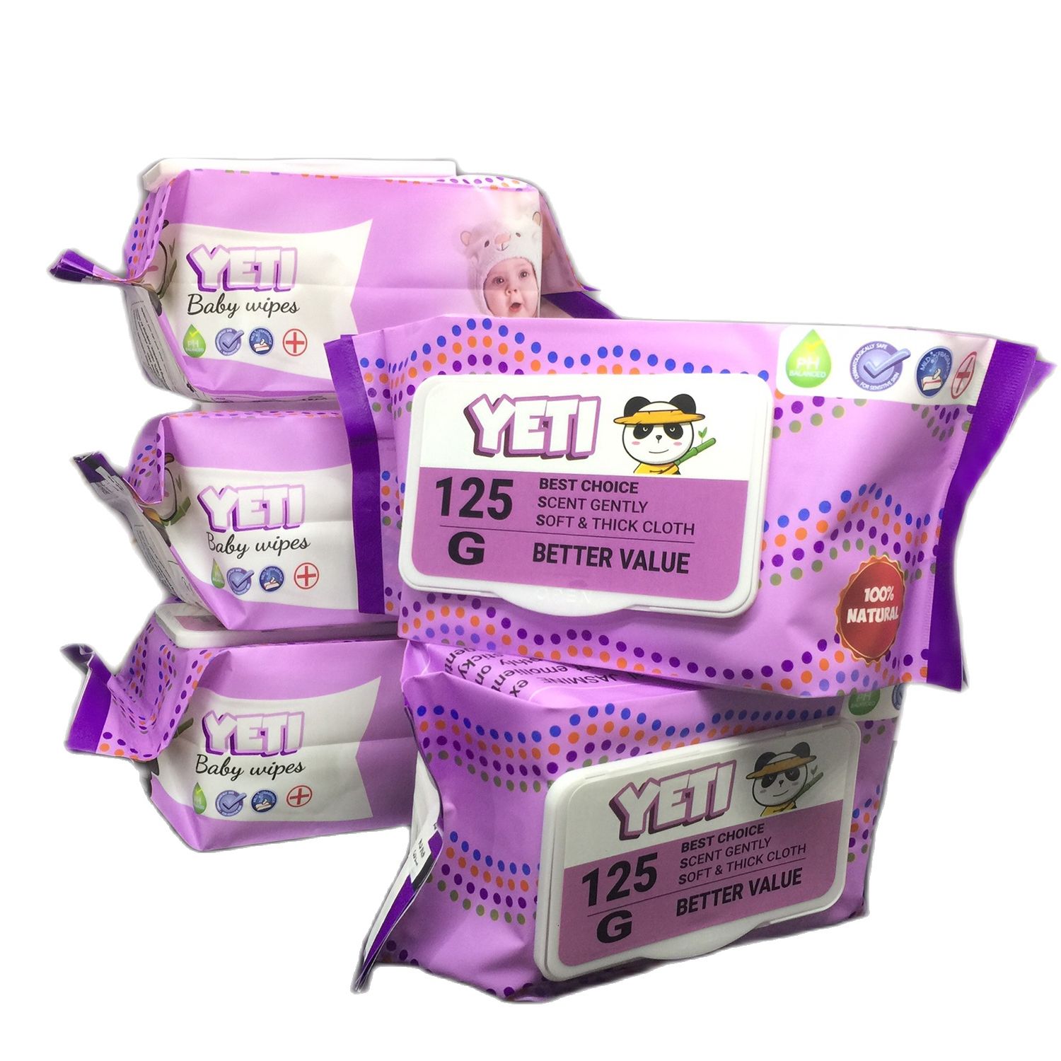 Nguyên thùng 30 gói khăn giấy ướt yeti 125 tờ, màu tím, không cồn, có thể dùng cho bé, hàng xuất khẩu