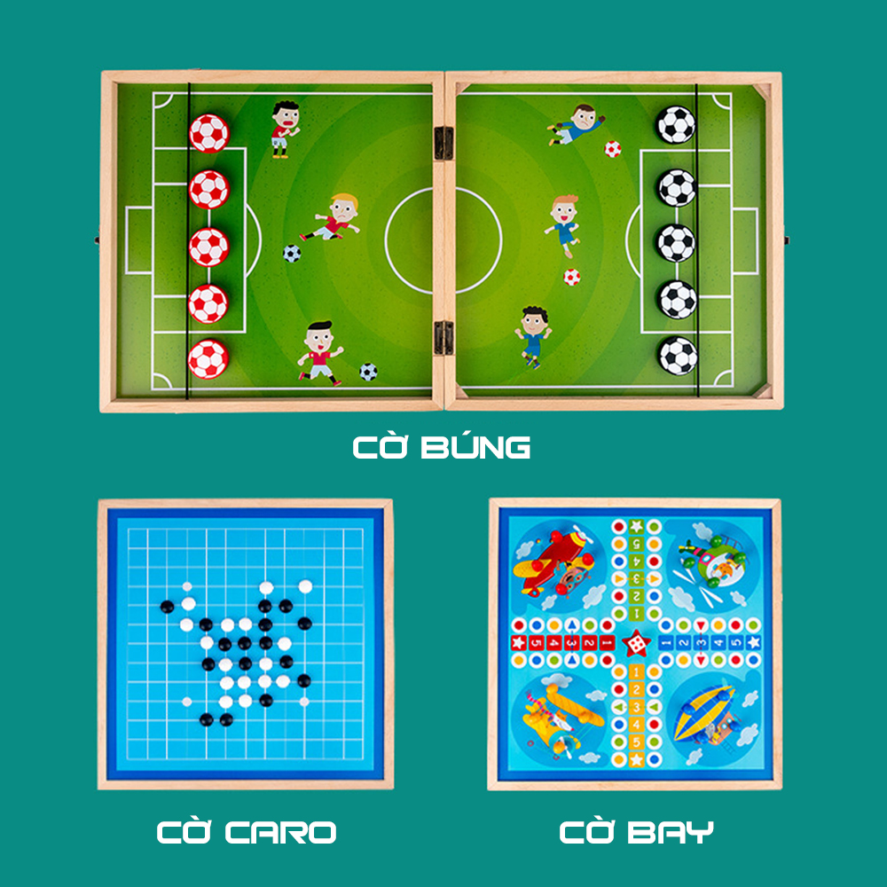 Đồ chơi thông minh bộ cờ đa năng 3 trong 1 cờ búng, cờ caro, cờ cá ngựa bằng gỗ cao cấp cho bé KB216012