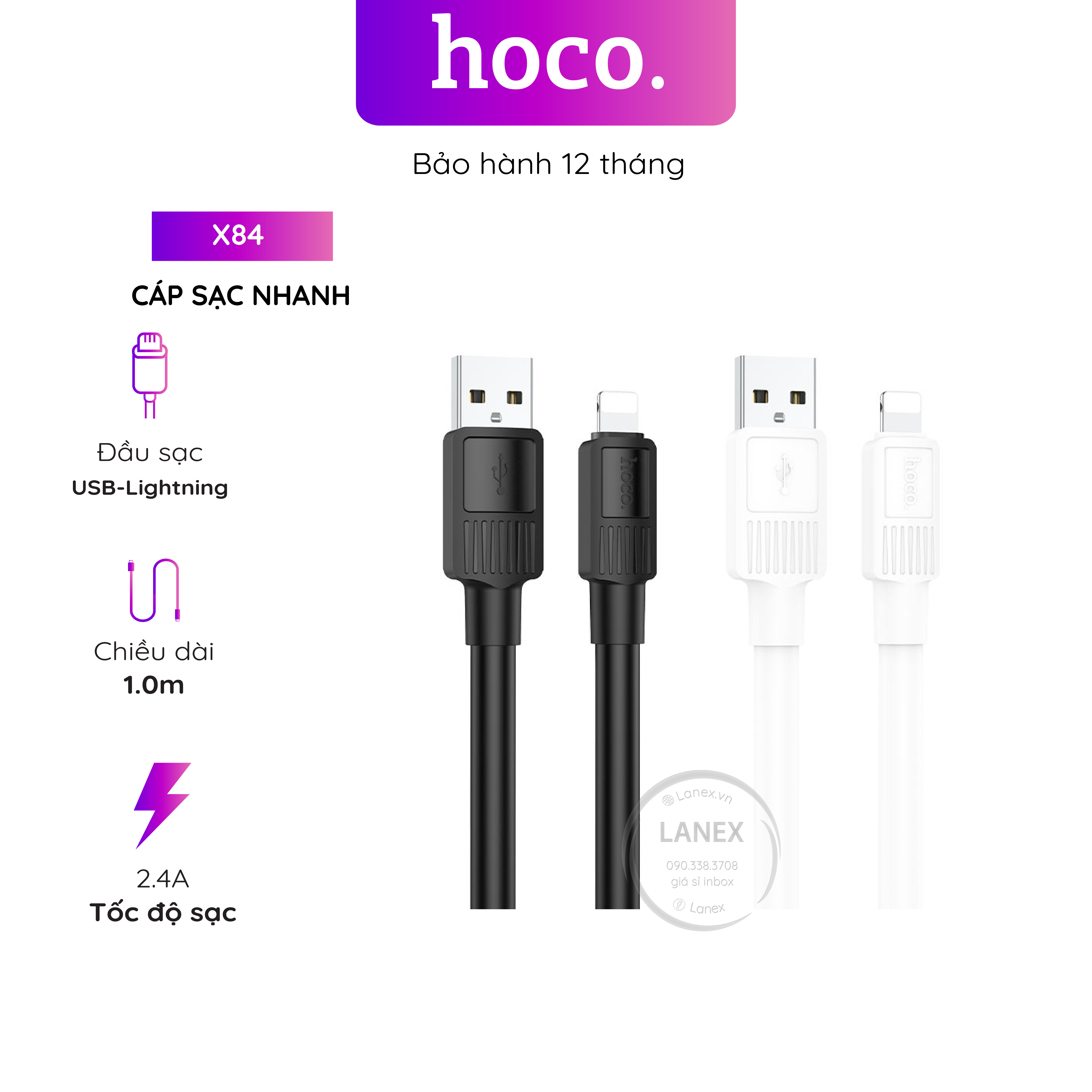 Cáp sạc nhanh hoco x84 nhựa tpe lightning 2.4a dài 1.0m
