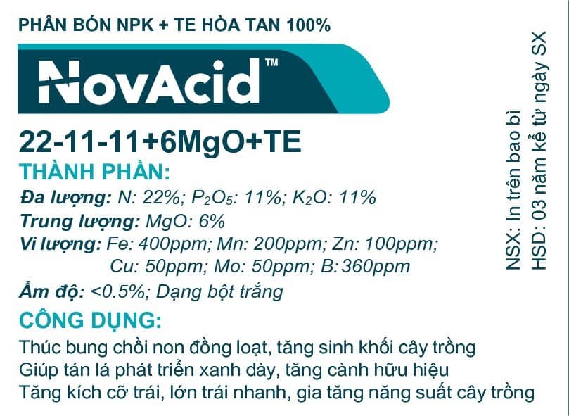 Phân bón npk novacid 22-11-11 tưới sầu riêng