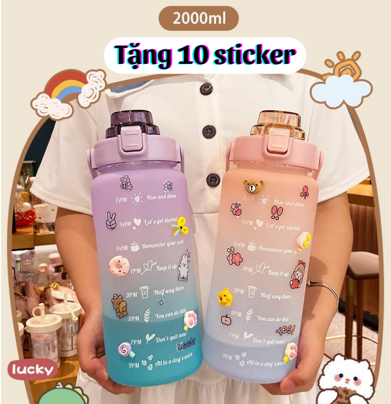 Bình Nước 2 Lít Dễ Thương Cute Có Vạch Báo Giờ Uống Nước - Tặng 10 Stiker