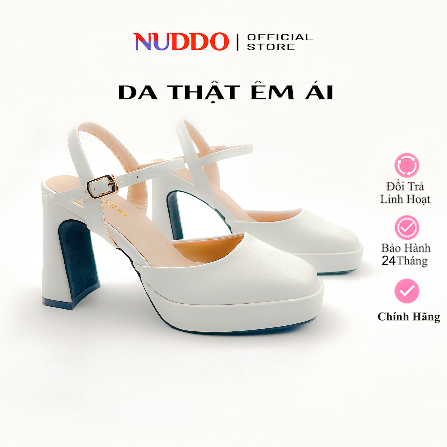 Giày sandal cao gót nữ đế vuông bít mũi 9 phân da thật guốc nữ đế đúp mũi vuông 9cm NUDDO N908