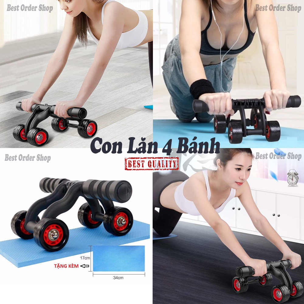 Con Lăn Tập Cơ Bụng 4 Bánh - Siêu Bền, Siêu Khỏe - Chịu Lực 120kg - Tặng Đệm Lót + Giữ Thăng Bằng Ổn Định