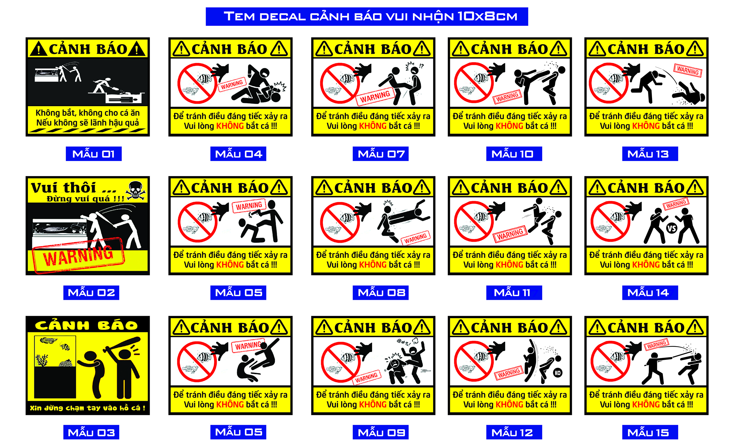 Bộ 4 Tem decal Cảnh báo vui nhộn dán hồ cá