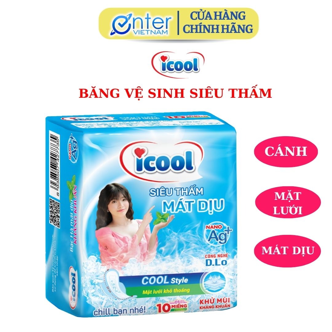   Hàng Chính Hãng  Băng vệ sinh ICOOL Xanh Siêu Thấm mới BVS ban ngày 24cm có cánh mặt lưới mềm  mát dịu.{8 gói} 